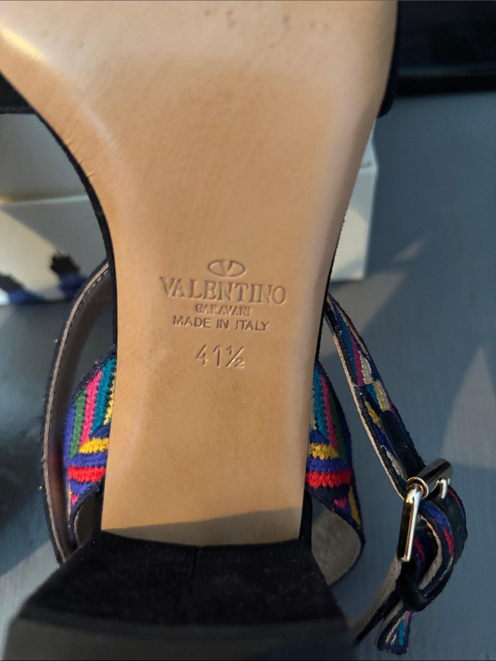 Black Suede Slingback Heels with Colorful Embroidered Strap - Picture 6 of 10